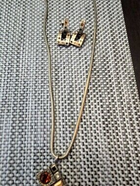 Gold-Tone Geometric Pendant Necklace with Amber Stone - Women Jewelry